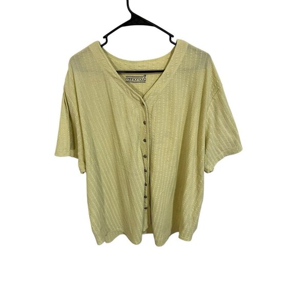 Fashion Bug Women's 26/28W Short Sleeve Button Up Yellow Shirt Ribbed Knit Plus - Picture 2 of 3